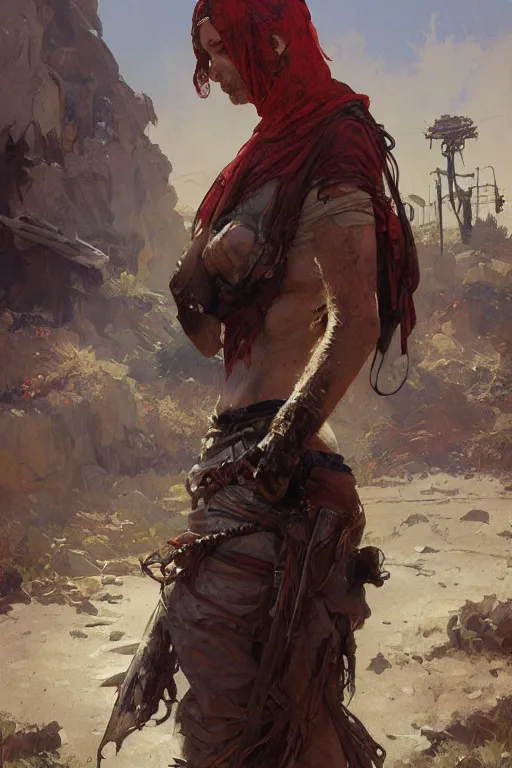 Image similar to a full body portrait of a beautiful post apocalyptic offworld butchers district bedouin blind pulp fiction scarlet wild rogue barbarian leper begging by the roadside, intricate, elegant, highly detailed, digital painting, artstation, concept art, smooth, sharp focus, illustration, art by krenz cushart and artem demura and alphonse mucha