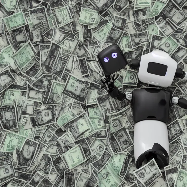 Prompt: Dall-E AI robot, drowning in cash,