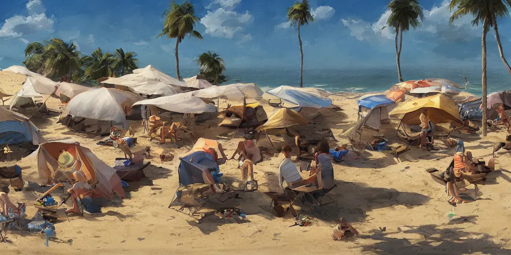 Prompt: precisely drawn illustration of a small camp on a beach. Wide angle, Sharp, Fine Details, Fantasy, realistic shaded lighting, in style of Katsuhiro Otomo, Magali Villeneuve, Artgerm, Rutkowski, Jeremy Lipkin, Giuseppe Dangelico Pino, Michael Garmash and Rob Rey