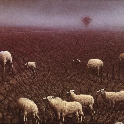 Image similar to dead sheeps in a farm nuclear winter by zdzisław beksinski