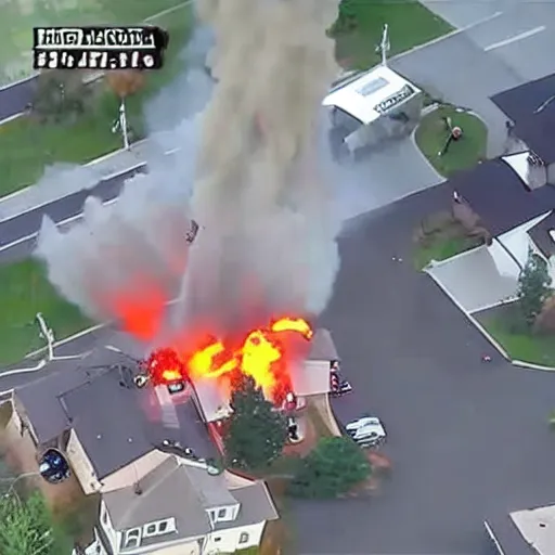 Prompt: huge explosion in a neighborhood helicopter footage
