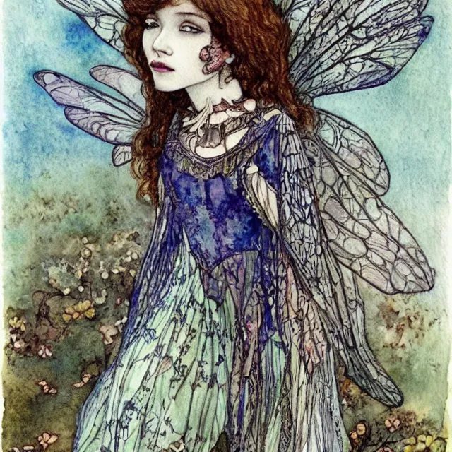 Prompt: a detailed, intricate watercolor and ink portrait illustration with fine lines of young 1 4 year old scarlett johannson as a fairy with dragonfly wings wearing a peasant dress, by arthur rackham and edmund dulac and lisbeth zwerger