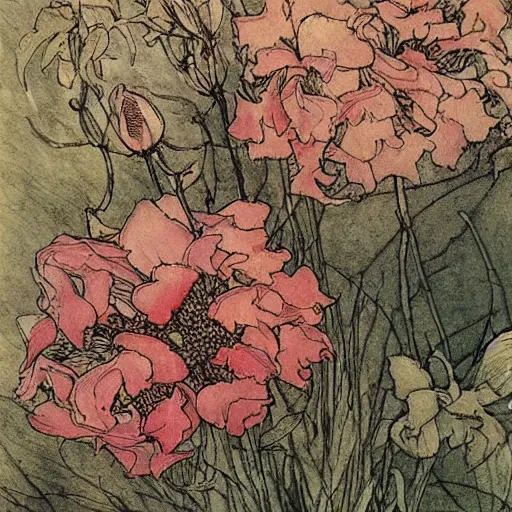 Prompt: A beautiful painting of flowers by Arthur Rackham