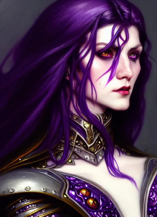Prompt: close up character concept portrait of a vampire in amethyst armor with purple hair, strong, intricate, elegant, intense, stoic, highly detailed, digital painting, artstation, concept art, symmetry, smooth, sharp focus, illustration, black and red, art by gaston bussiere and alphone mucha