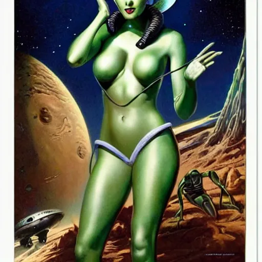 Image similar to beautiful alien extraterrestrial species female babe in a tight fitting silver metallic bikini spacesuit, , big silver head with eyestalk antennae, green skinned, big black almond shaped alien eyes by Mort Kunstler and Gil Elvgren