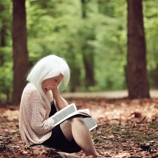 Prompt: an sad woman Reading a book in a forest while a maltese dog Is behind her