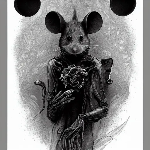 Image similar to a photograpic portrait of a anthropomorphic mouse wearing black clothes, black hair, grey skin, grey mouse ears, fantasy, intricate, elegant, highly detailed, digital painting, artstation, smooth, sharp focus, illustration, art by artgerm and H R Giger and alphonse mucha