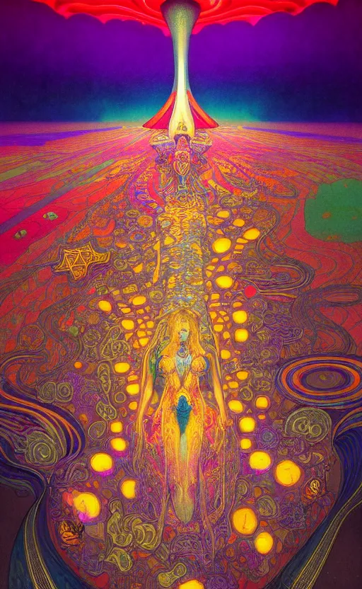 Image similar to An extremely psychedelic aerial view of black rock city at night, colorful, surreal, dramatic lighting, magic mushrooms, psilocybin, LSD, face, detailed, intricate, elegant, highly detailed, digital painting, artstation, concept art, smooth, sharp focus, illustration, art by Krenz Cushart and Artem Demura and alphonse mucha