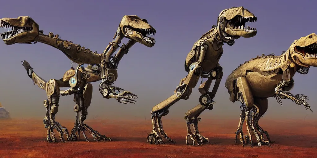 Image similar to a character art rendering of a robot T-rex made of mechanical parts, cartoonish psychedelic paleoart rendering, realistic dinosaur cyborg in the style of simon stålenhag, made with zbrush