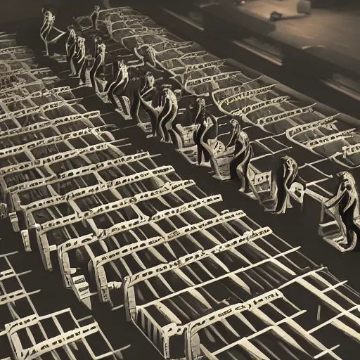 Image similar to ultrarealistic photo of an infinite number of monkeys sitting at desks typing on an infinite number of typewriters. Their desks are in even rows going off to infinity. isometric view. unreal engine.