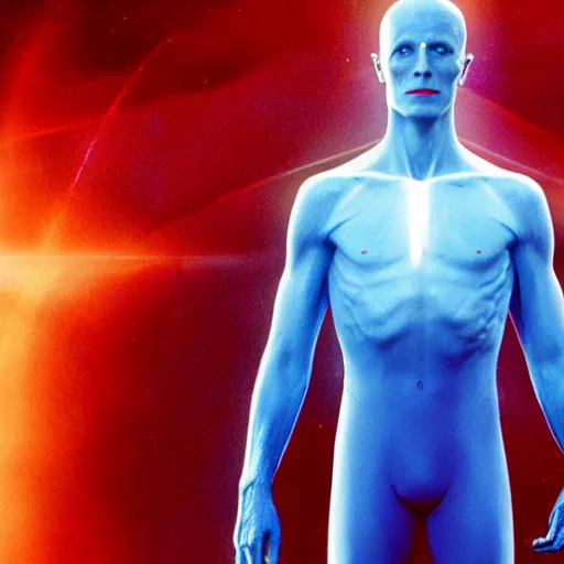 Image similar to film still of David Bowie as Dr. Manhattan in Watchmen, 4k