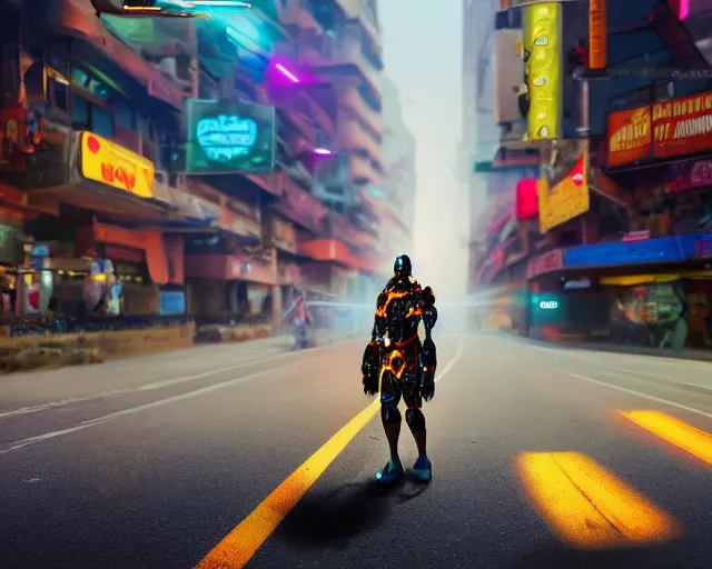 Image similar to A cyborg duck directing traffic in a busy street in India. Sharp focus, futuristic style, cyberpunk, volumetric lighting, 8K high definition, highly detailed, trending on artstation