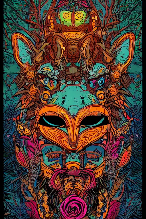 Image similar to animal mask totem roots flower tribal feather gemstone plant wood rock shaman vodoo video game vector cutout illustration vivid multicolor borderlands comics by josan gonzales and dan mumford radiating a glowing aura