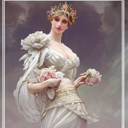 Image similar to a queen with a decorated dress made of white and cream colored roses holding a realistic and detailed white swan in her arms, highly detailed, digital painting, Trending on artstation , HD quality, by artgerm and greg rutkowski and alphonse mucha, dramatic light, octane