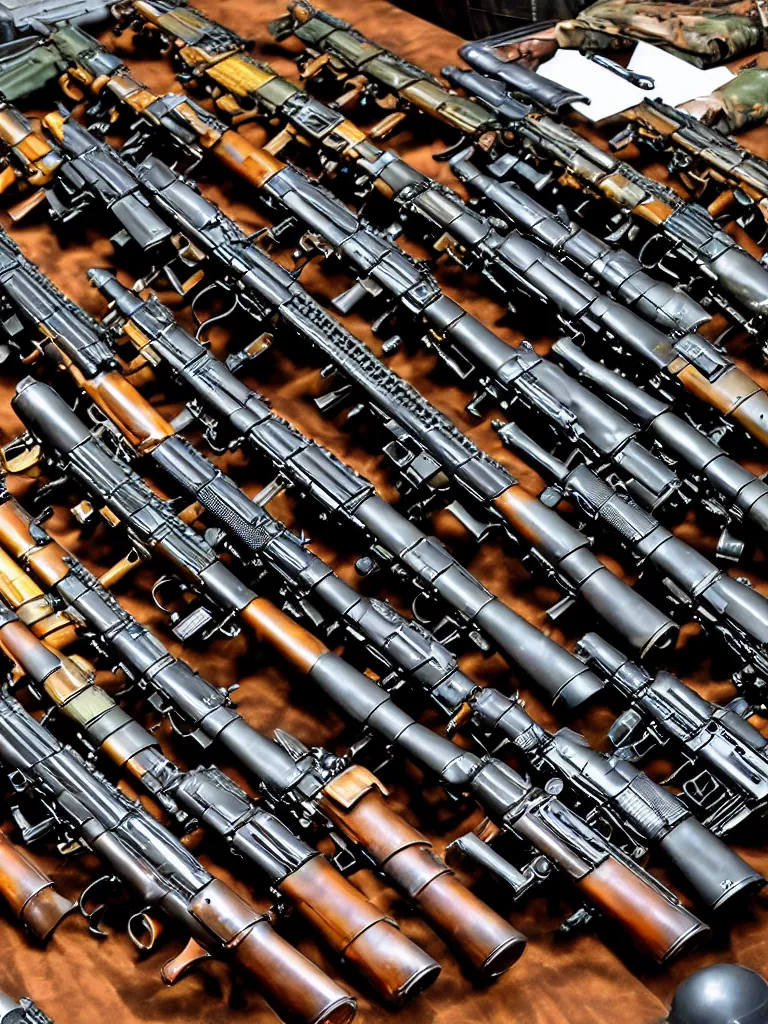 Image similar to kaleidoscope of machine guns, shotguns, rifles, revolvers, bullets, ultra-realistic, intricate details photograph