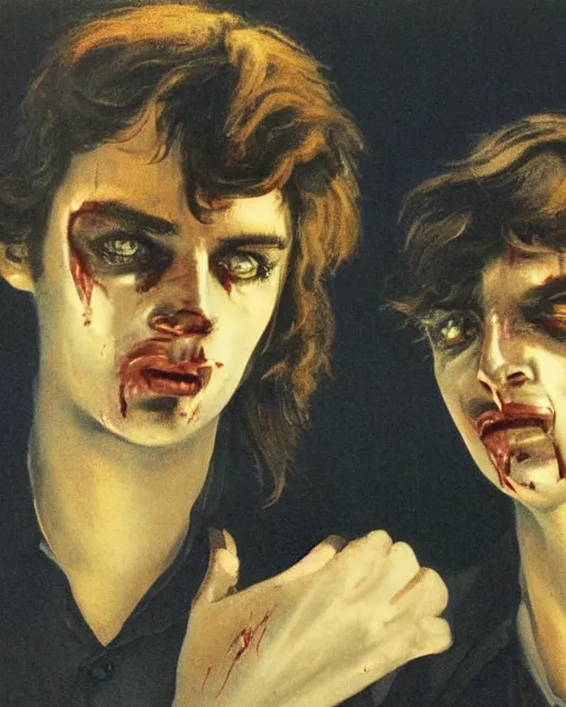 Prompt: two handsome but sinister young men wearing oxford shirts in layers of fear, with haunted eyes and wild hair, 1 9 7 0 s, seventies, wallpaper, a lot of blood, moonlight showing injuries, delicate embellishments, painterly, offset printing technique, by brom, robert henri, walter popp