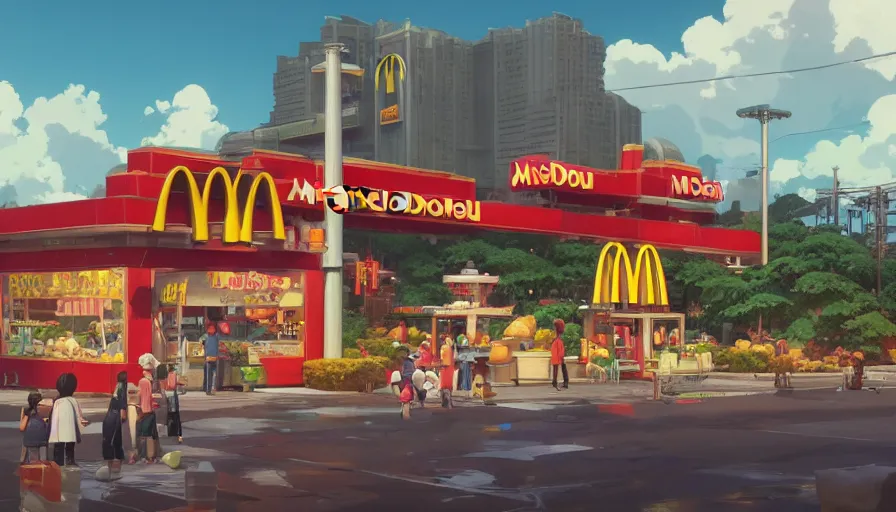 Prompt: A highly detailed matte painting of the biggest McDonalds in the world, by Studio Ghibli, Makoto Shinkai, by Artgerm, by beeple, by Greg Rutkowski, volumetric lighting, octane render, 4K resolution, trending on artstation, masterpiece