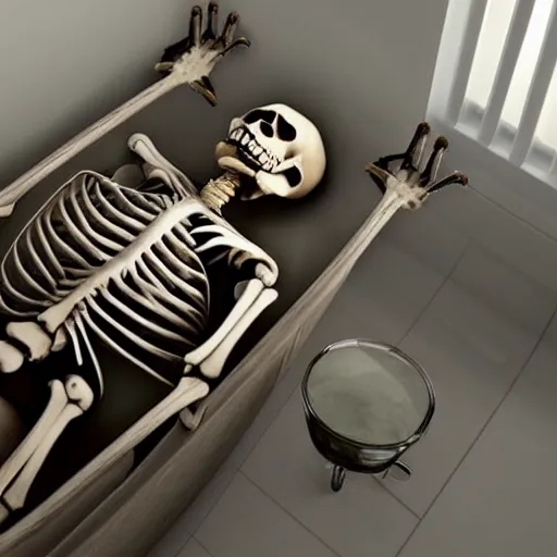 Prompt: skeleton sunbathe in a bathtub, ultrarealistic