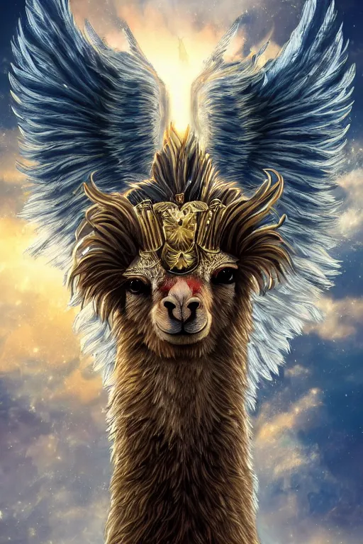 Image similar to A beautiful fierce llama angel with wings, wearing metal battle armor and a flaming sword, among heavenly sunlit clouds, symmetric, winged, close-up, intricate anthro llama portrait, elegant, digital llama painting, golden hour photo, cinematic, trending on artstation, anthro concept art, smooth, sharp focus, llama, illustration, art by artgerm and Greg Rutkowski and Alphonse Mucha, daily deviation, llama llama, anthro art masterpiece