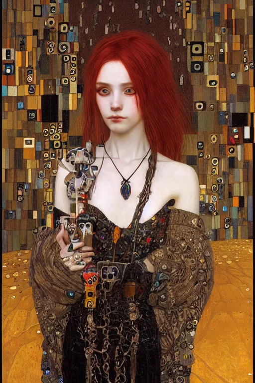 Image similar to portrait of beautiful young gothic maiden, cyberpunk, highly detailed, artstation, illustration, art by Gustav Klimt