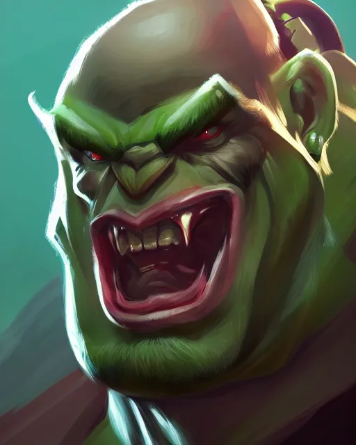 Image similar to « a portrait of a muscular green orc, a character portrait by paul kelpe, reddit contest winner, sots art, ilya kuvshinov, 2 d game art, parallax »