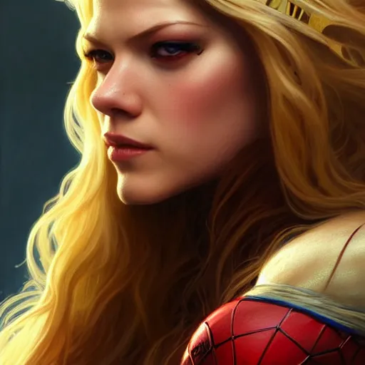 Image similar to beautiful Katheryn Winnick as Spider-Woman, western, closeup, D&D, fantasy, intricate, elegant, highly detailed, digital painting, artstation, concept art, matte, sharp focus, illustration, art by Artgerm and Greg Rutkowski and Alphonse Mucha