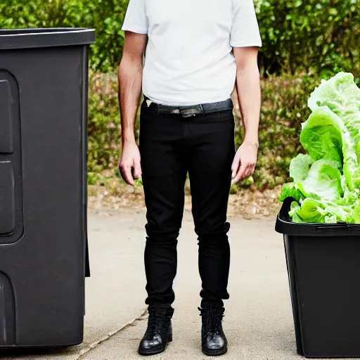 Prompt: man with black pants and black boots standing in a plastic bin of lettuce