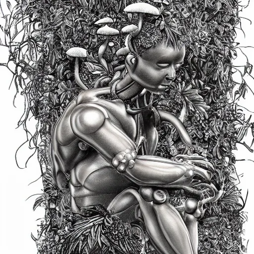 Image similar to botanical sketch of a cybernetic The thinker sculpture with mushrooms and peyote at the base, surrounded by a lush jungle and vines, high detail, b&w,