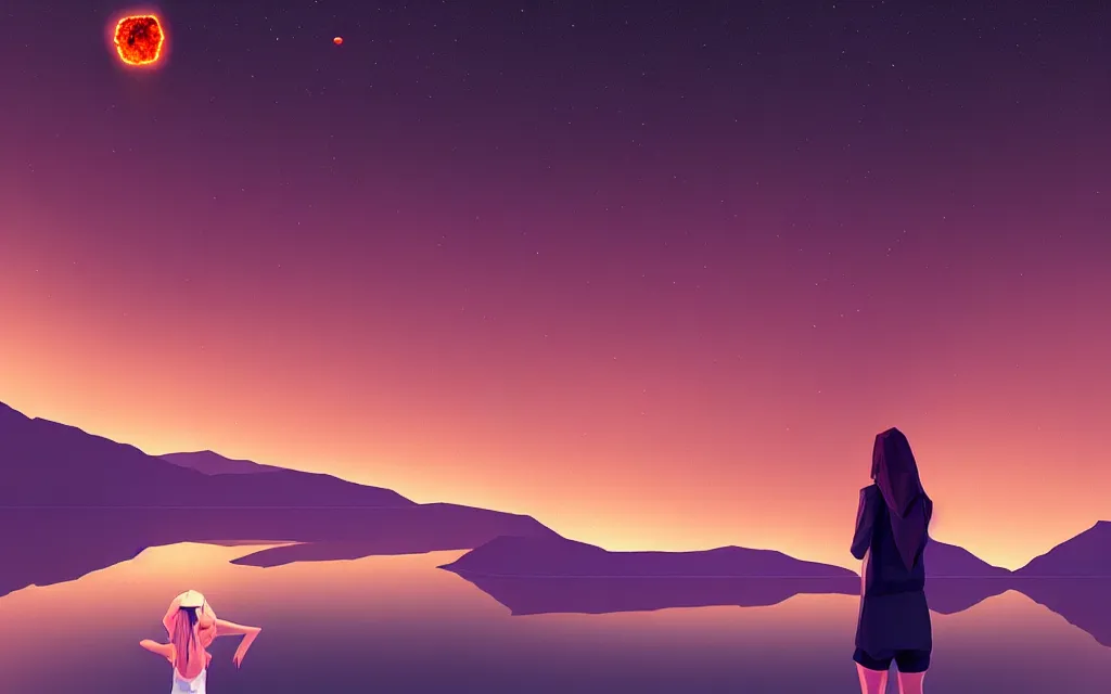 Image similar to girl staring at a meteorite hitting a calm lake at night by wlop, low poly art, ultra detailed color art, high detail, digital art