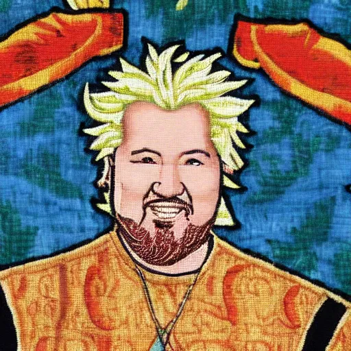 Prompt: Medieval Tapestry artwork of Guy Fieri wearing a hawaiian shirt, cloth texture, highly detailed and intricate