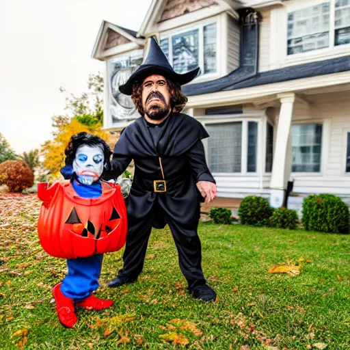 Image similar to peter dinklage trick or treating on halloween, ( sony a 7 r iv, symmetric balance, polarizing filter, photolab, lightroom, 4 k, dolby vision, photography awardm, voque, perfect face )