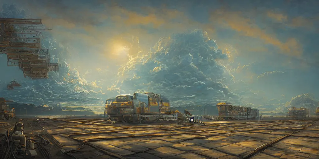 Image similar to artwork of the brightsea depot, by michael whelan, trending on artstation, cinematic view, exquisite, breathtaking, sea