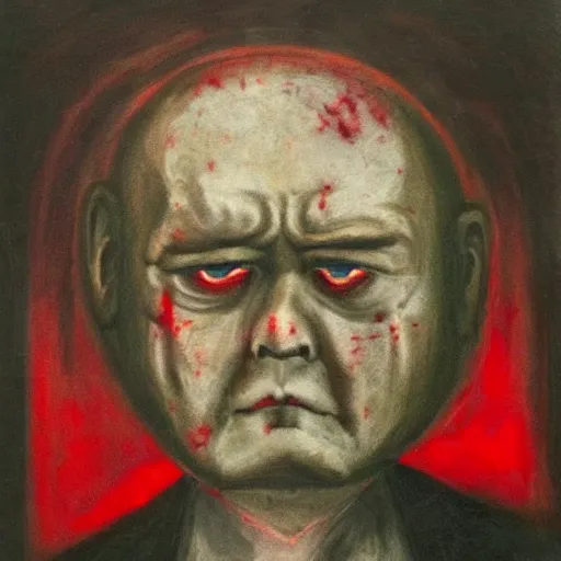 Image similar to portrait of alexander abdulov, with a red eyes, satanic body, head of old man, in blood of sinners, hellish style