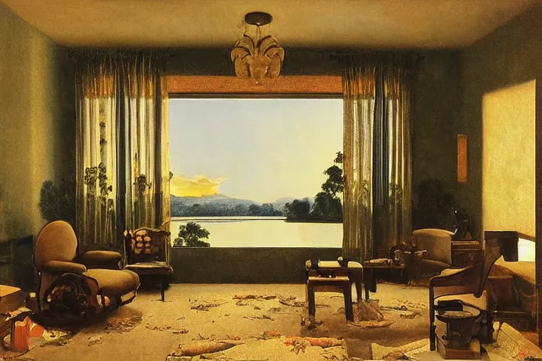 Prompt: sunset in a tastefully decorated living room with dark luxurious furnishings, and a mix of antique and modern furniture, and a mix of concrete and wood finishes, soft focus cinematic still, dark dreamy sunset dappled light by maxfield parrish