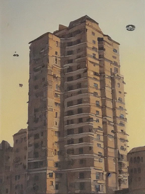 Image similar to painting of Soviet apartment building jewelered with skulls, by Vereschagin