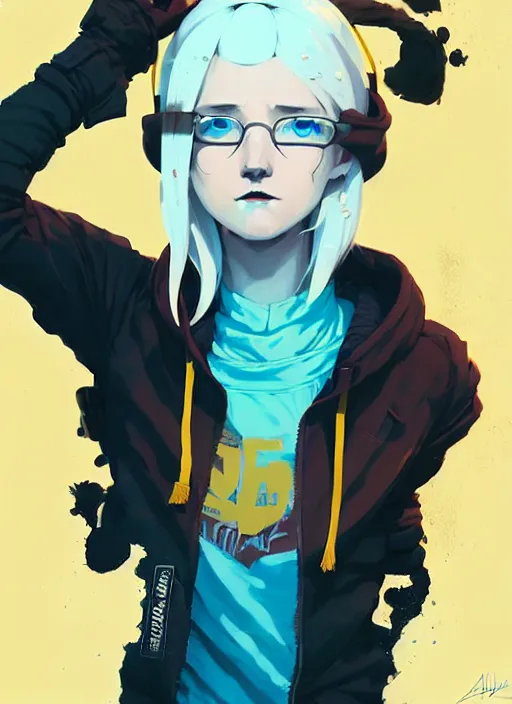 Image similar to highly detailed portrait of a city punk lady student, blue eyes, hoodie, white hair by atey ghailan, by greg rutkowski, by greg tocchini, by james gilleard, by joe fenton, by kaethe butcher, gradient yellow, black, brown and cyan blue color scheme, grunge aesthetic!!! ( ( graffiti tag wall background ) )