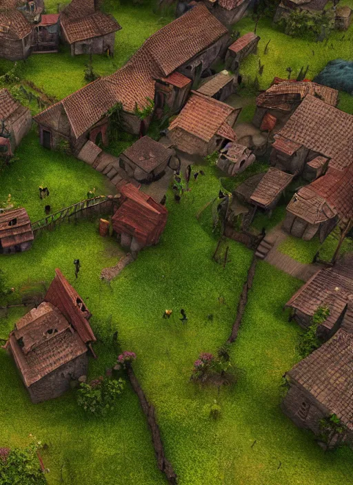 Image similar to subsurface scattering, medieval village in the middle of lush forest, as render from top mobile game, cinematic lighting, 8 k