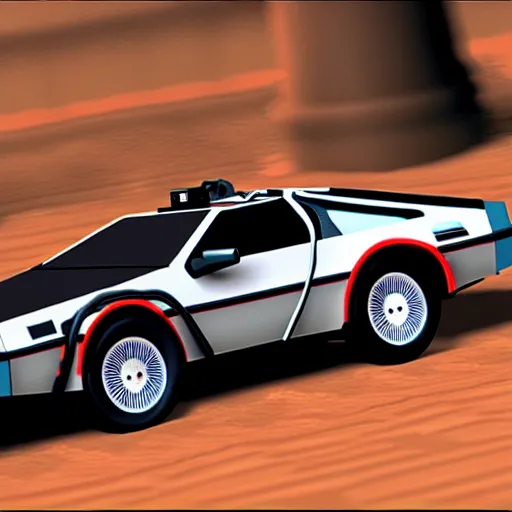 Image similar to back to the future delorean driving in old west, nintendo 6 4 screenshot, low poly, aliased