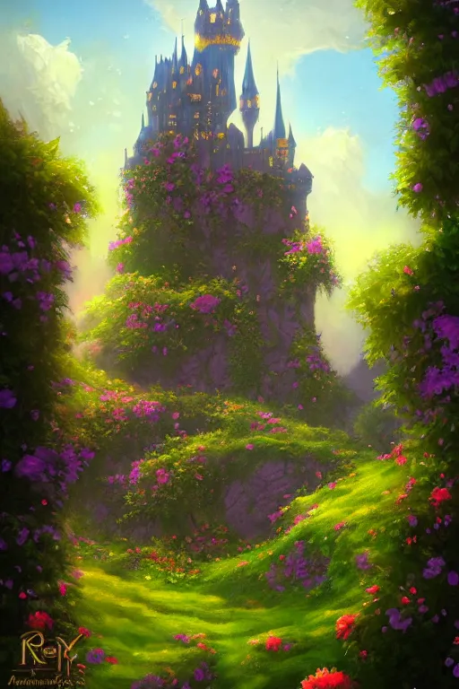 Image similar to fantasy castle flowers and fantasy sky, andreas rocha style