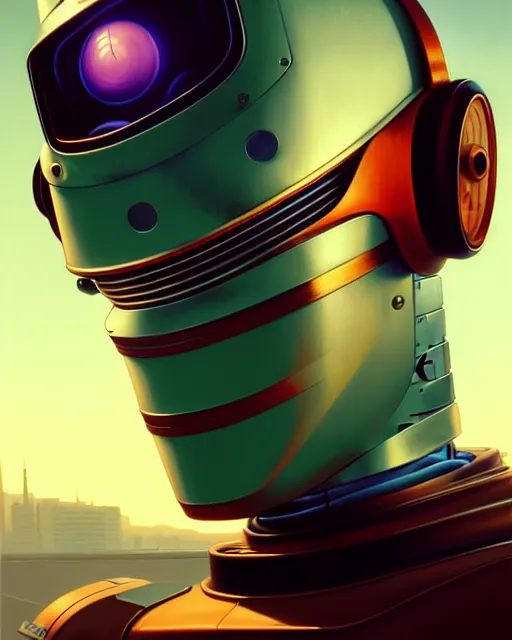 Prompt: hyper - realistic portrait of a vintage robot, gta v cover art, celshading, sharp focus, intricate, detailed, by rhads, andreas rocha, makoto shinkai, lois van baarle, ilya kuvshinov and greg rutkowski, by greg rutkowski, dynamic lighting, sharp focus, grunge aesthetic, 4 k, green eyes