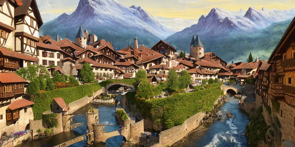 Prompt: view of a medieval walled city nestled in a mountain with small river flowing through center, large castle high up in a mountain peak in the background, alpine architecture, half - timbered, tudor style houses, chalet, soft colors, cozy, very beautiful, intricate, majestic, concept art, artgerm, james gurney, trending on art station