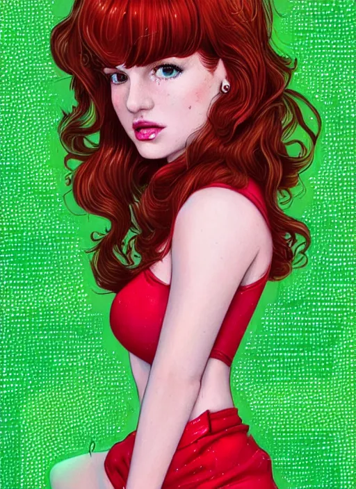 Image similar to full body portrait of teenage cheryl blossom, bangs, green eyes, mischievous expression, red hair, sultry smirk, bangs and wavy hair, 1 9 8 0 s, intricate, elegant, glowing lights, highly detailed, digital painting, artstation, concept art, smooth, sharp focus, illustration, art by wlop, mars ravelo and greg rutkowski