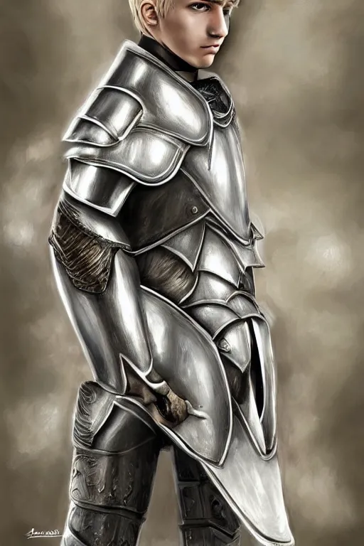 Image similar to a blonde male teenager wearing a silver plate armor, digital painting, digital art, oil painting, masterpiece, realistic and detailed face, profile picture, realistic, highly detailed, high quality, symmetrical, low contrast, trending on deviantart, soft colors, soft lighting, face portrait, beautiful, elegant, castle in the background, bokeh, artgem style