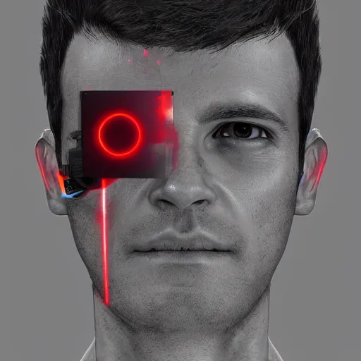 Image similar to a man with laser point between the eyes, tech divice, fullbody, sci - fi art, artstation