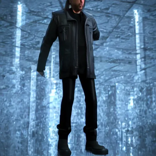 Image similar to Nicolas Cage JRPG cinema 4d render, Ray tracing reflection, natural lighting, award winning photography