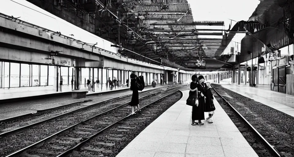 Image similar to School girls waiting on a urban train station, gloomy and misterious atmosphere