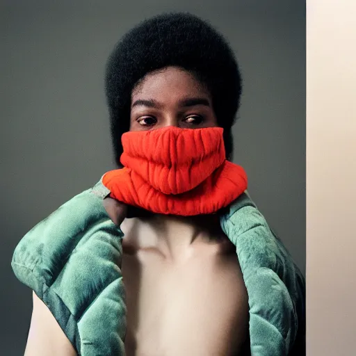 Image similar to realistic! photoshoot for a new balenciaga lookbook, color film photography, portrait of a beautiful woman wearing a balaclava puffer mask, photo in style of tyler mitchell, 35mm lens