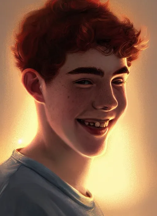 Prompt: portrait of teenage archie andrews, freckles, curly middle part haircut, curly hair, smiling kindly, intricate, elegant, glowing lights, highly detailed, digital painting, artstation, concept art, smooth, sharp focus, illustration, art by wlop, mars ravelo and greg rutkowski