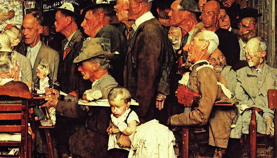 Prompt: in the land of the blind, the one eyed man is king, oil painting by norman rockwell