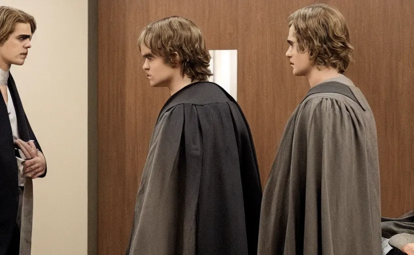 Prompt: anakin skywalker played by hayden christensen in jedi robes talking to saul goodman in a suit in court, us court, better call saul scene 1 0 8 0 p, court session images, realistic faces